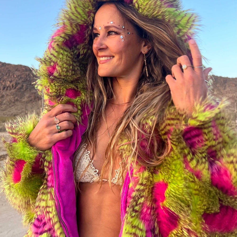 Women's Crop Snuggle Coat in "Pink Lime Feather"